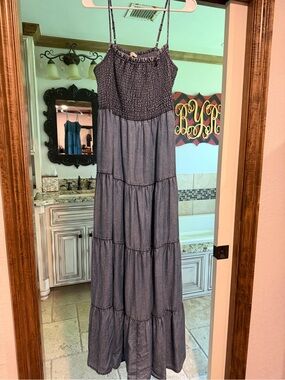 Z Supply Smocked Denim-Look Maxi Dress in Dusty Blue